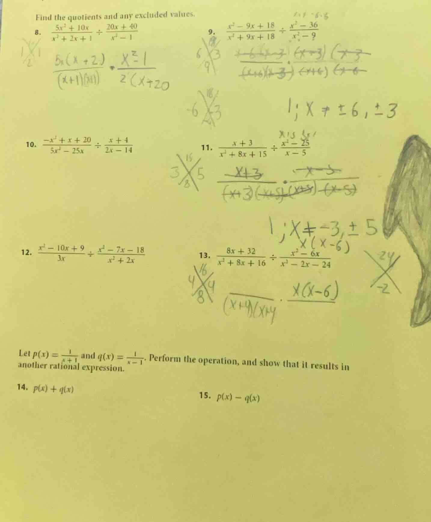 find the quotients and any excluded values. 8. $\frac{5x^{2}+10x}{x^{2}…