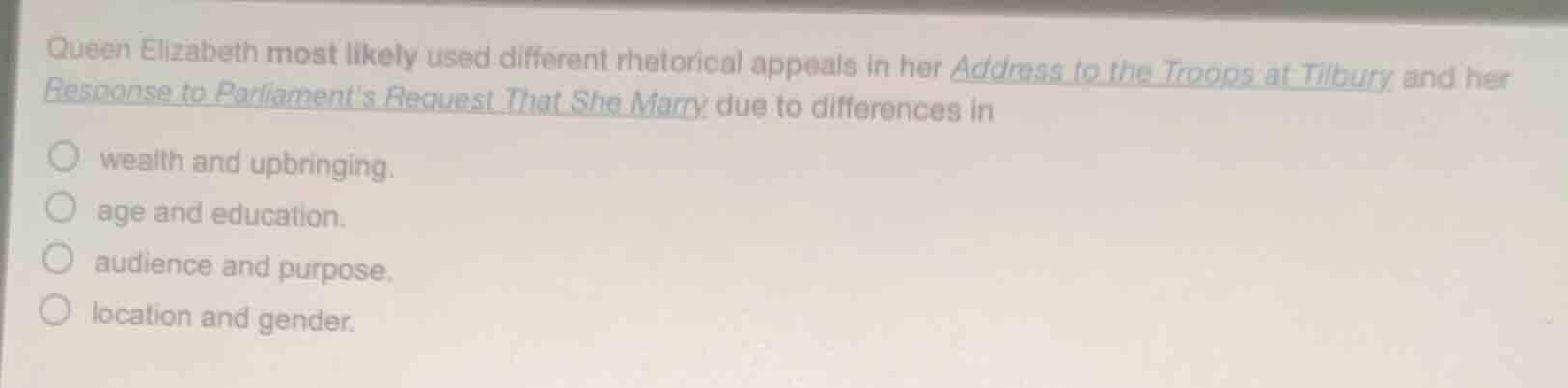 queen elizabeth most likely used different rhetorical appeals in her ad…