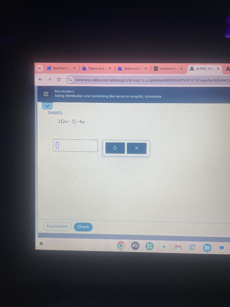 real numbers using distribution and combining like terms to simplify: u…