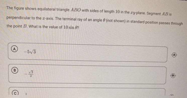 the figure shows equilateral triangle abo with sides of length 10 in th…