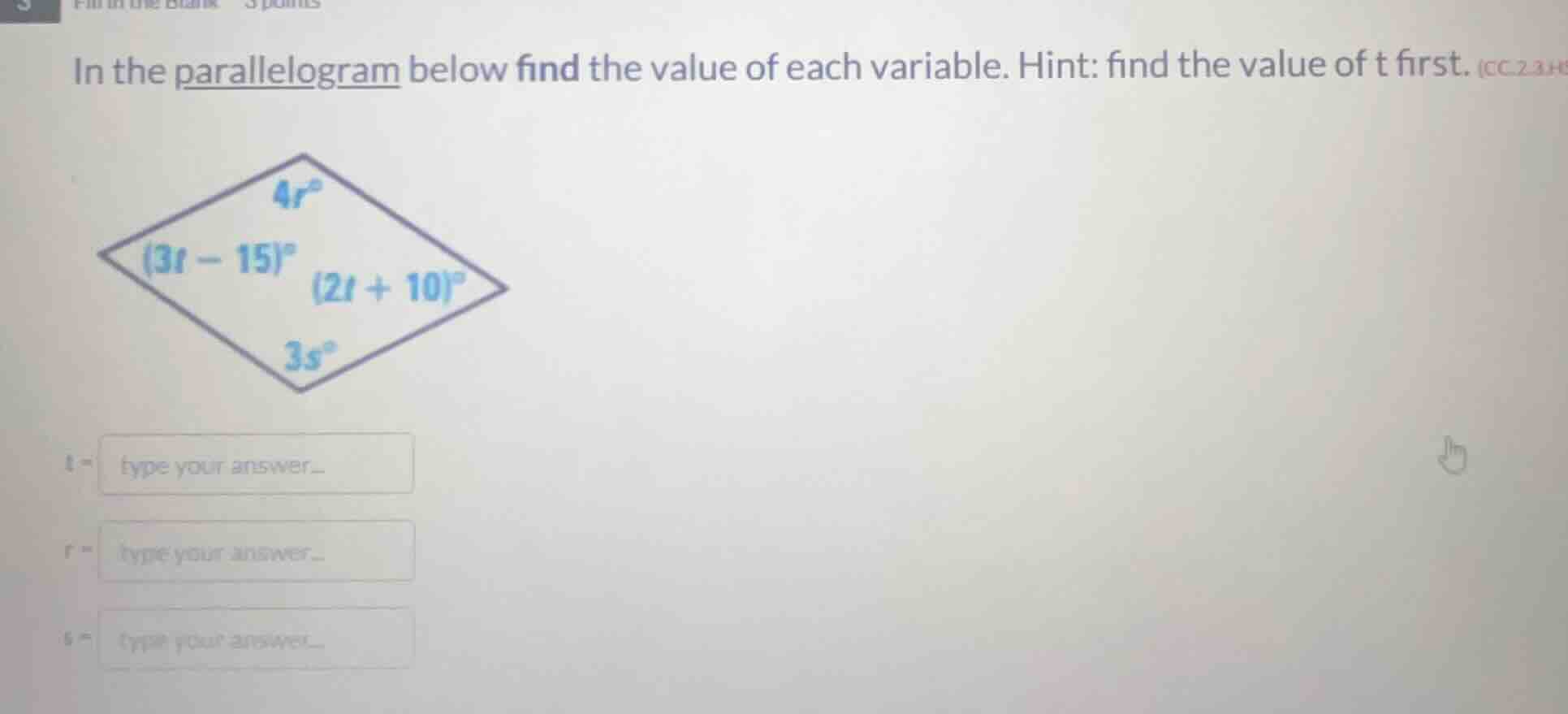 in the parallelogram below find the value of each variable. hint: find …