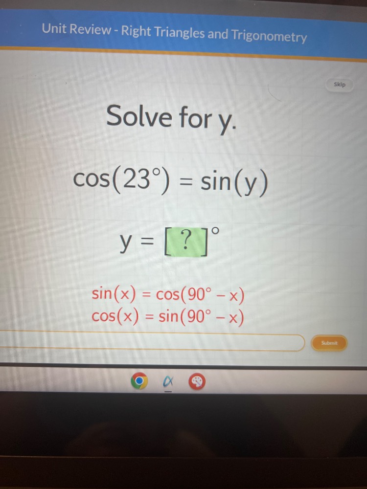 unit review - right triangles and trigonometry skip solve for y. $cos(2…