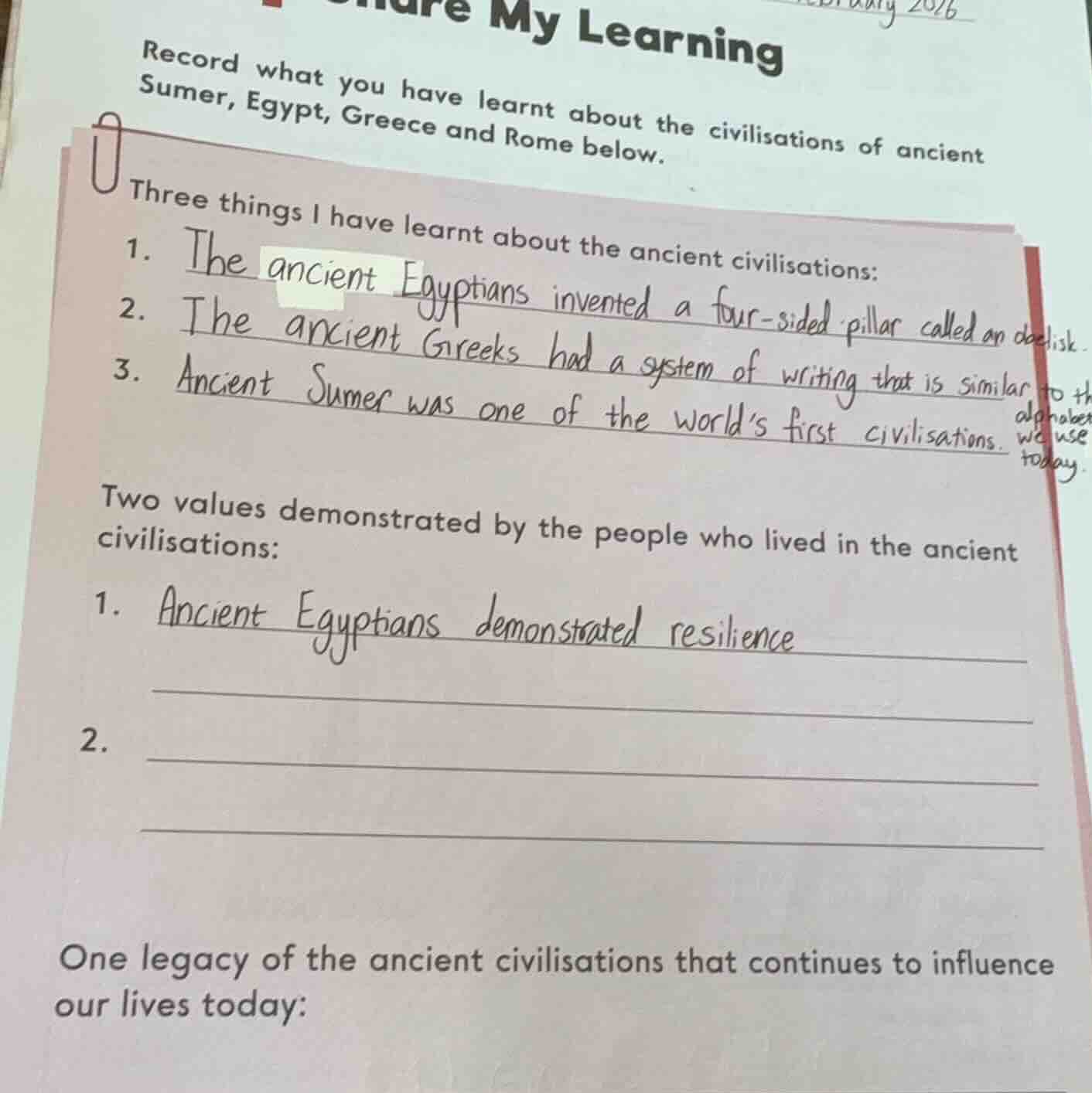 share my learning record what you have learnt about the civilisations o…