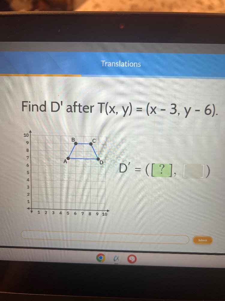 translations find d after $t(x, y) = (x - 3, y - 6)$. $d = (?, \\quad )$