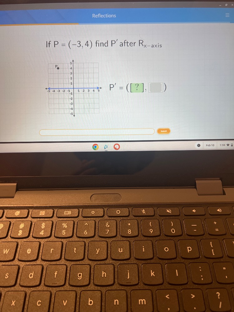 reflections if p = (-3, 4) find p after $r_{x-axis}$ $p = (?, \\square)$