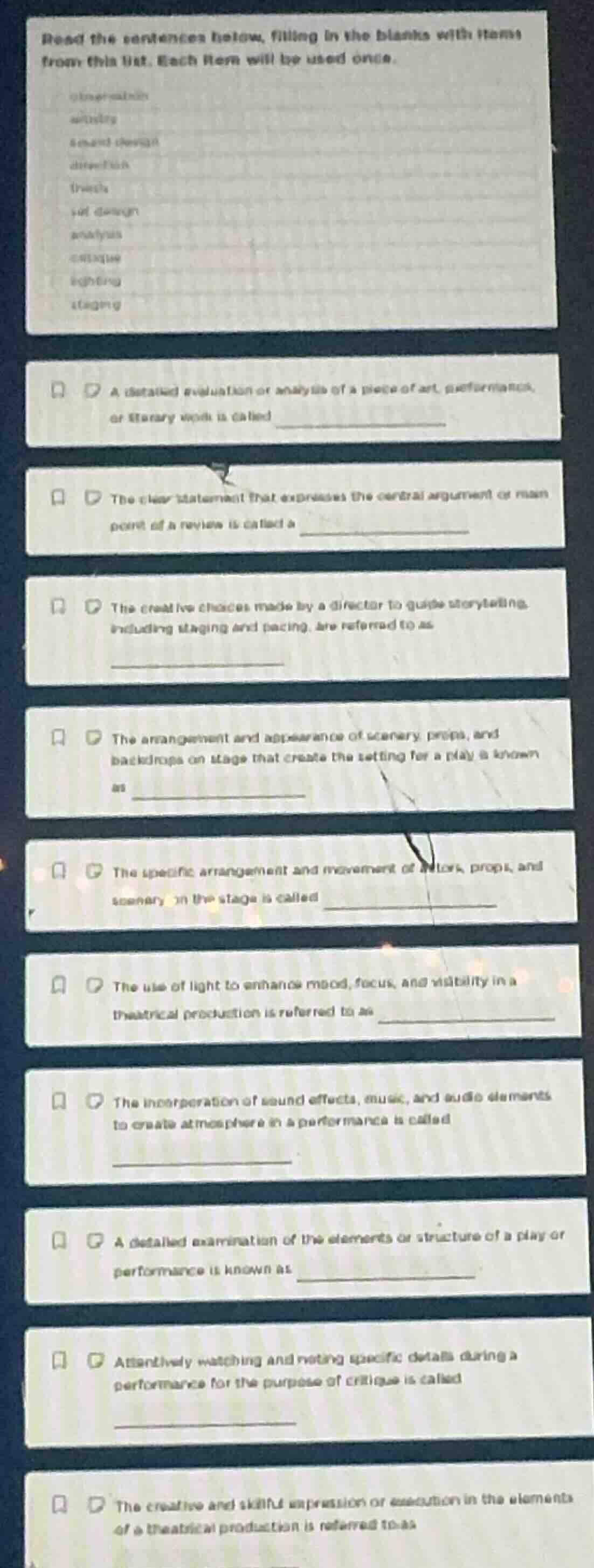 read the sentences below, filling in the blanks with items from this li…