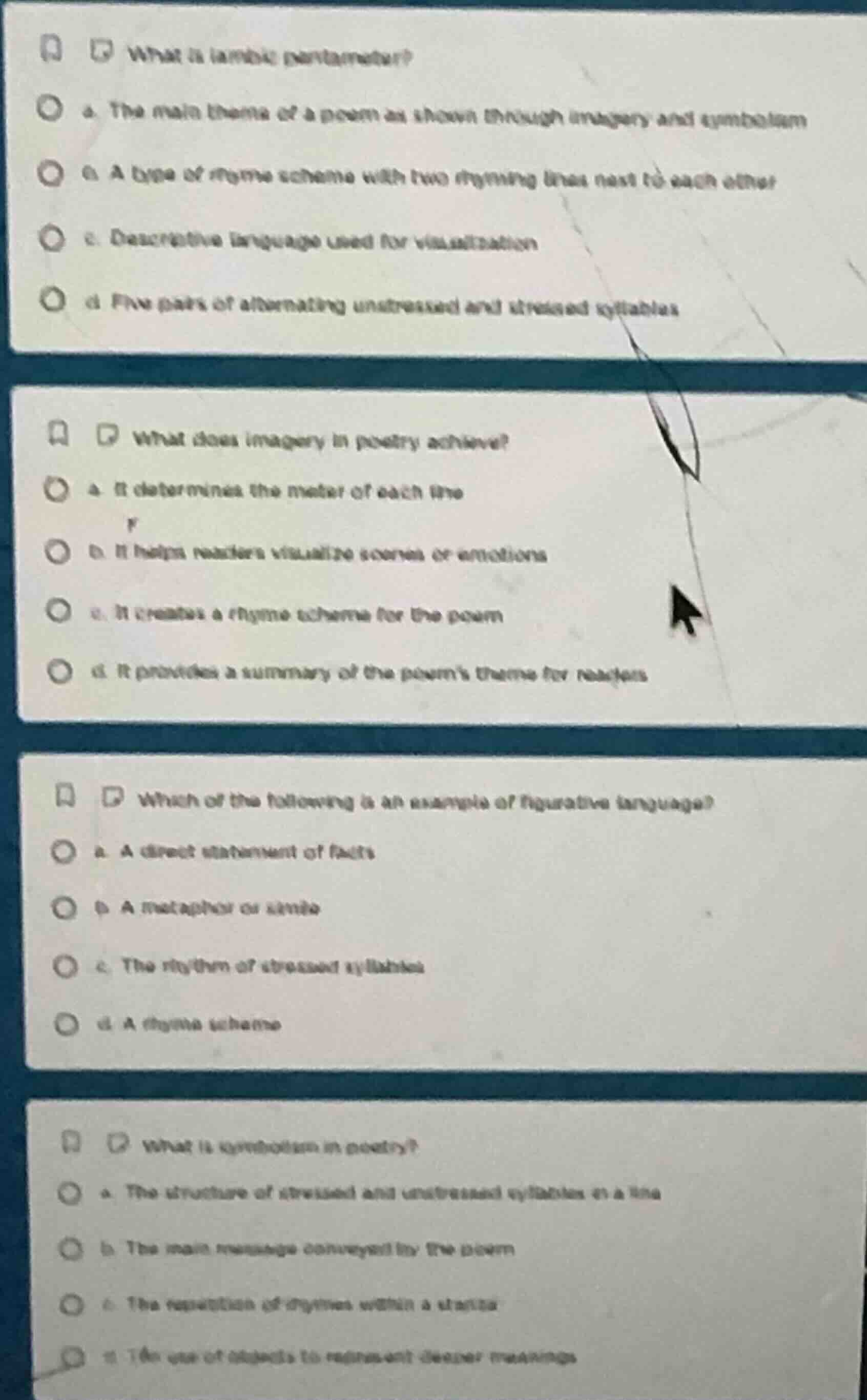 what is iambic pentameter? a. the main theme of a poem as shown through…