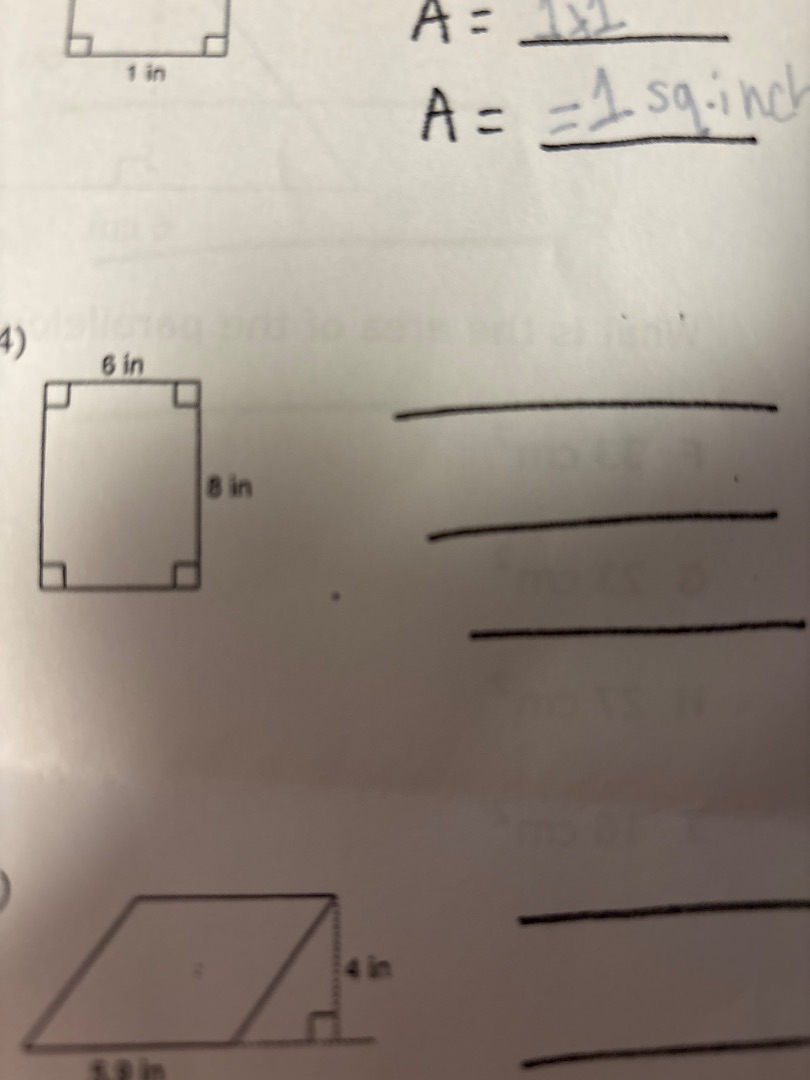 a= 1×1 a= 1 sq.inch 4) find the area of the rectangle with length 8 in …