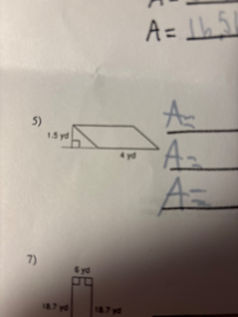 5) 1.5 yd 4 yd a= a= a= 7) 6 yd 18.7 yd 18.7 yd