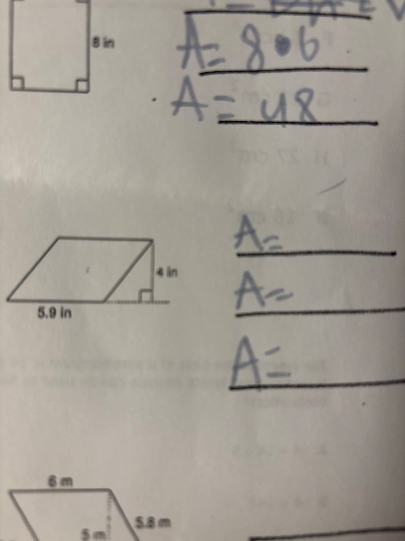 1. (square with side length 8 in) $a=$ $a=$ 2. (parallelogram with base…