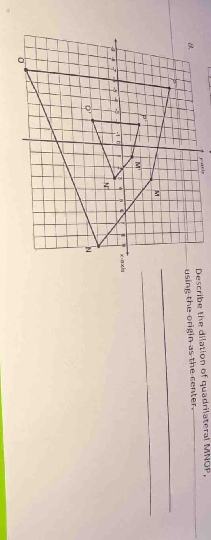 8. describe the dilation of quadrilateral mnop, using the origin as the…