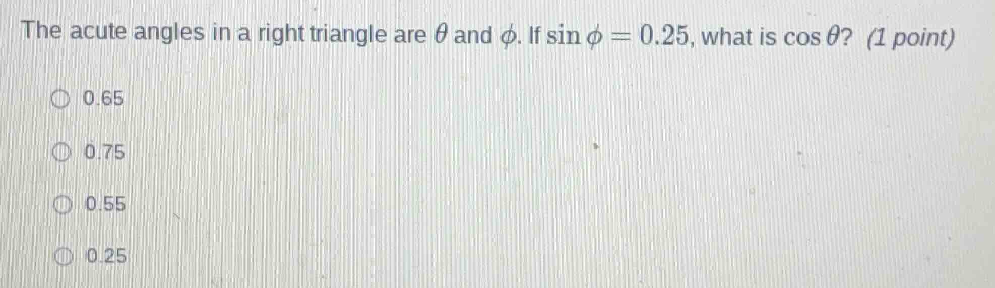 the acute angles in a right triangle are $\theta$ and $phi$. if $sin ph…