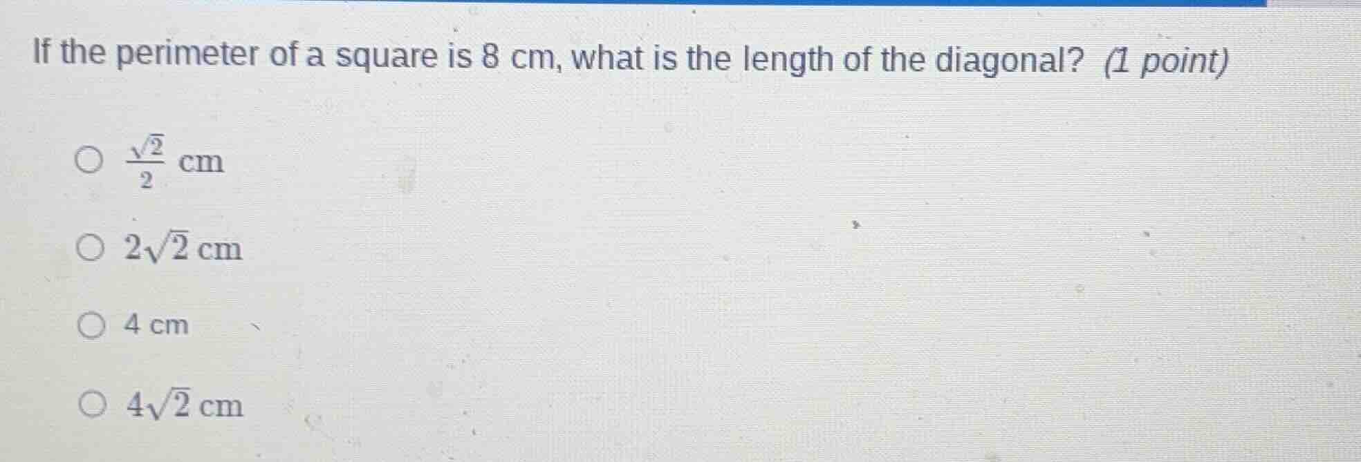 if the perimeter of a square is 8 cm, what is the length of the diagona…