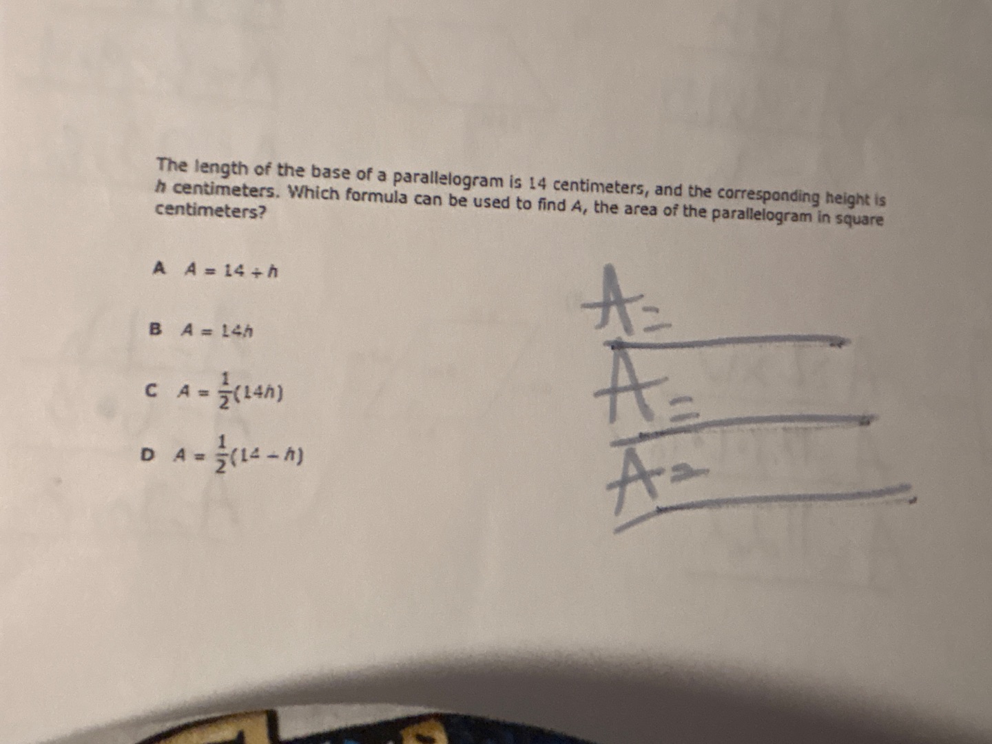the length of the base of a parallelogram is 14 centimeters, and the co…