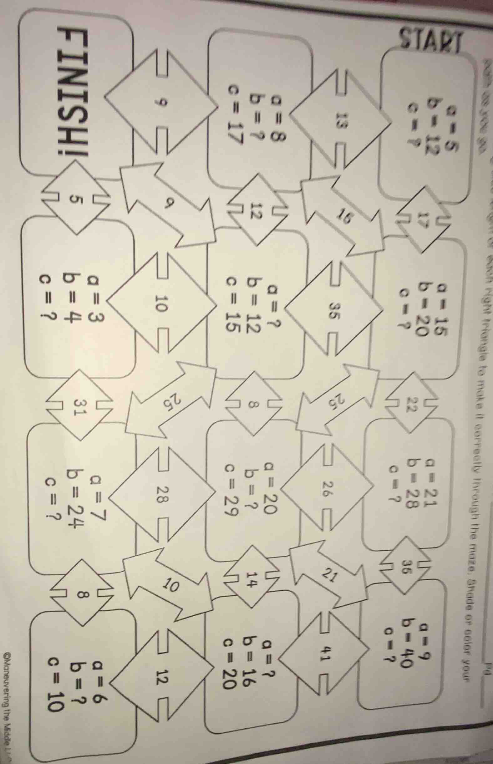 start finish! find the length of each right triangle to make it correct…