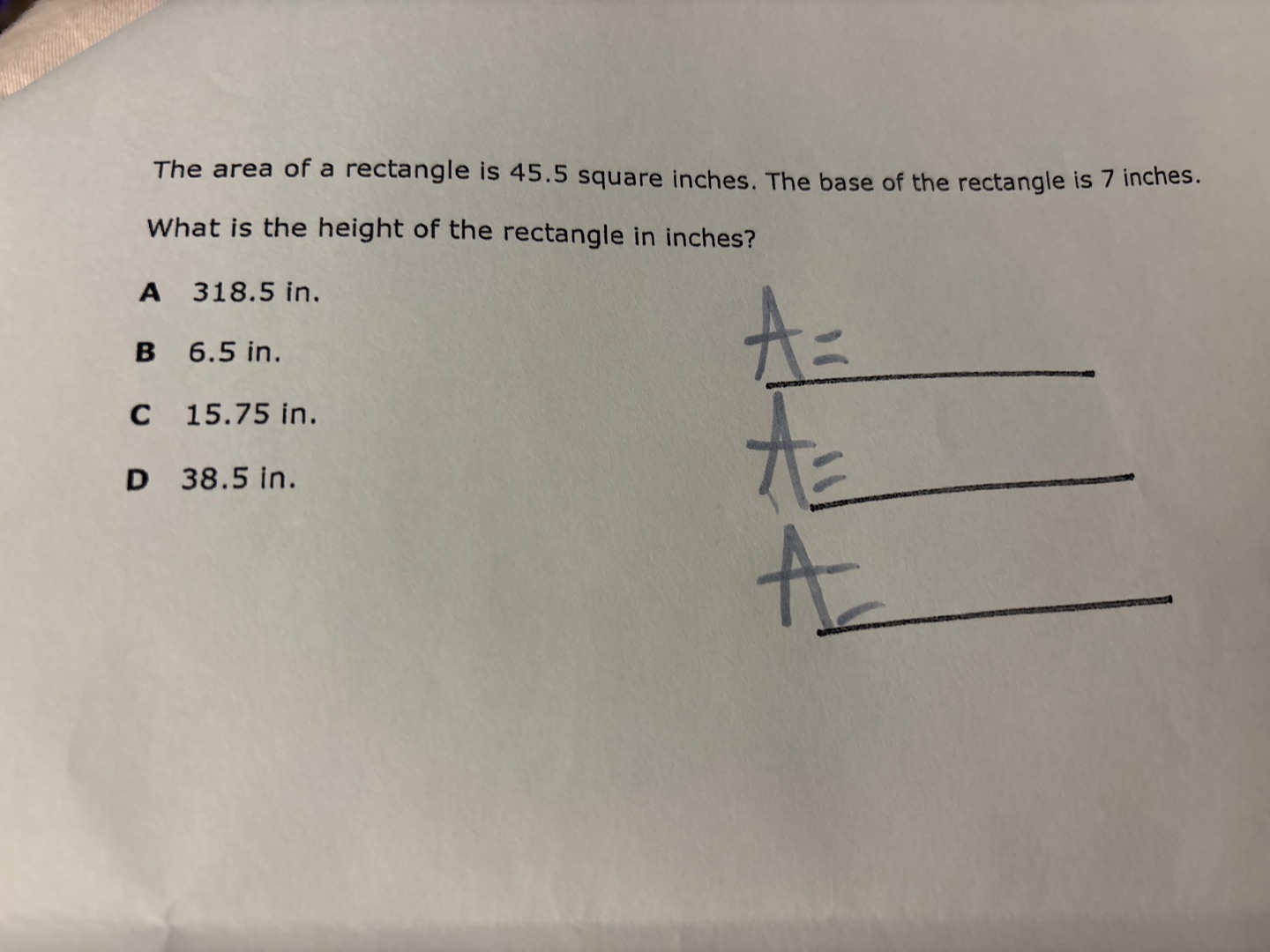 the area of a rectangle is 45.5 square inches. the base of the rectangl…