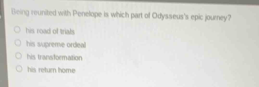 being reunited with penelope is which part of odysseuss epic journey?hi…