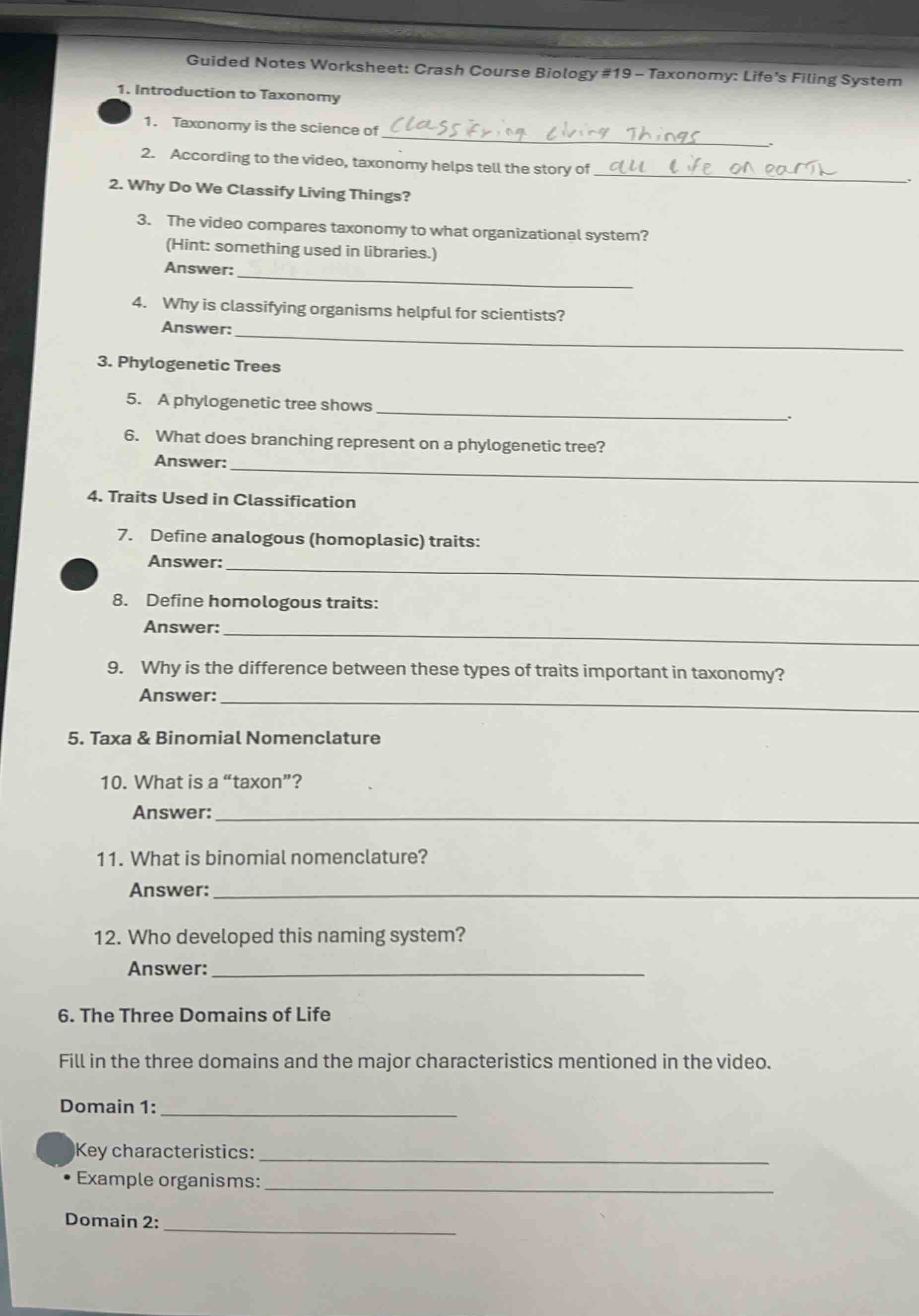guided notes worksheet: crash course biology #19 – taxonomy: lifes fili…