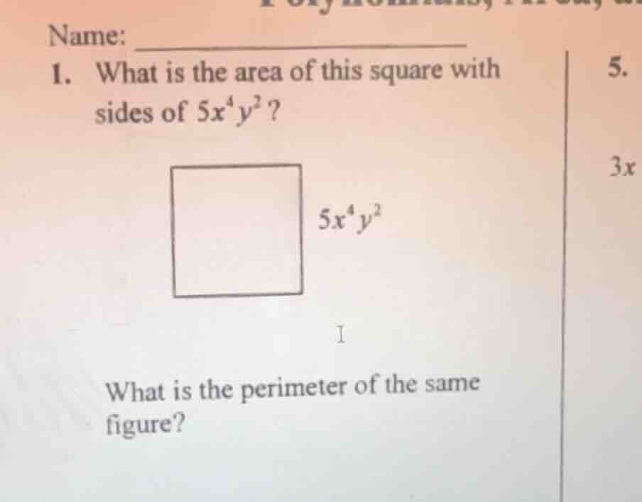 name: _______________ 1. what is the area of this square with sides of …