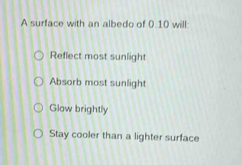 a surface with an albedo of 0.10 will: reflect most sunlight absorb mos…