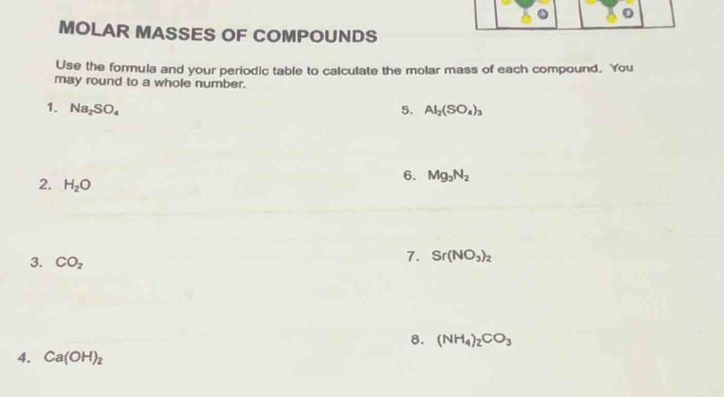 molar masses of compounds use the formula and your periodic table to ca…