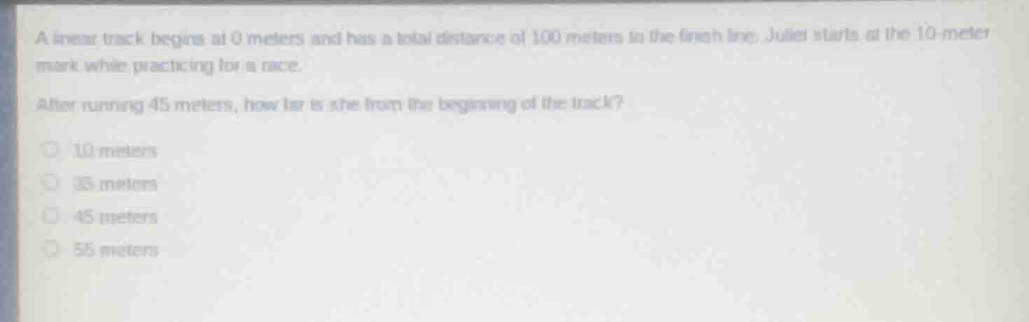 a linear track begins at 0 meters and has a total distance of 100 meter…