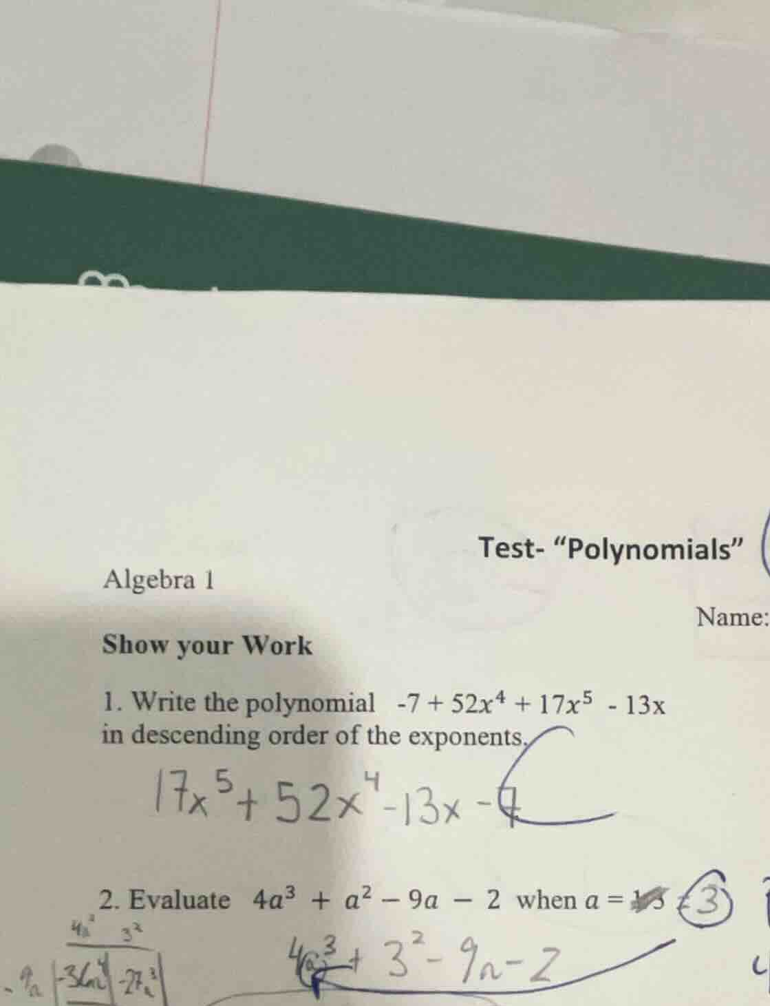 algebra 1 test- \polynomials\ name: show your work 1. write the polynom…