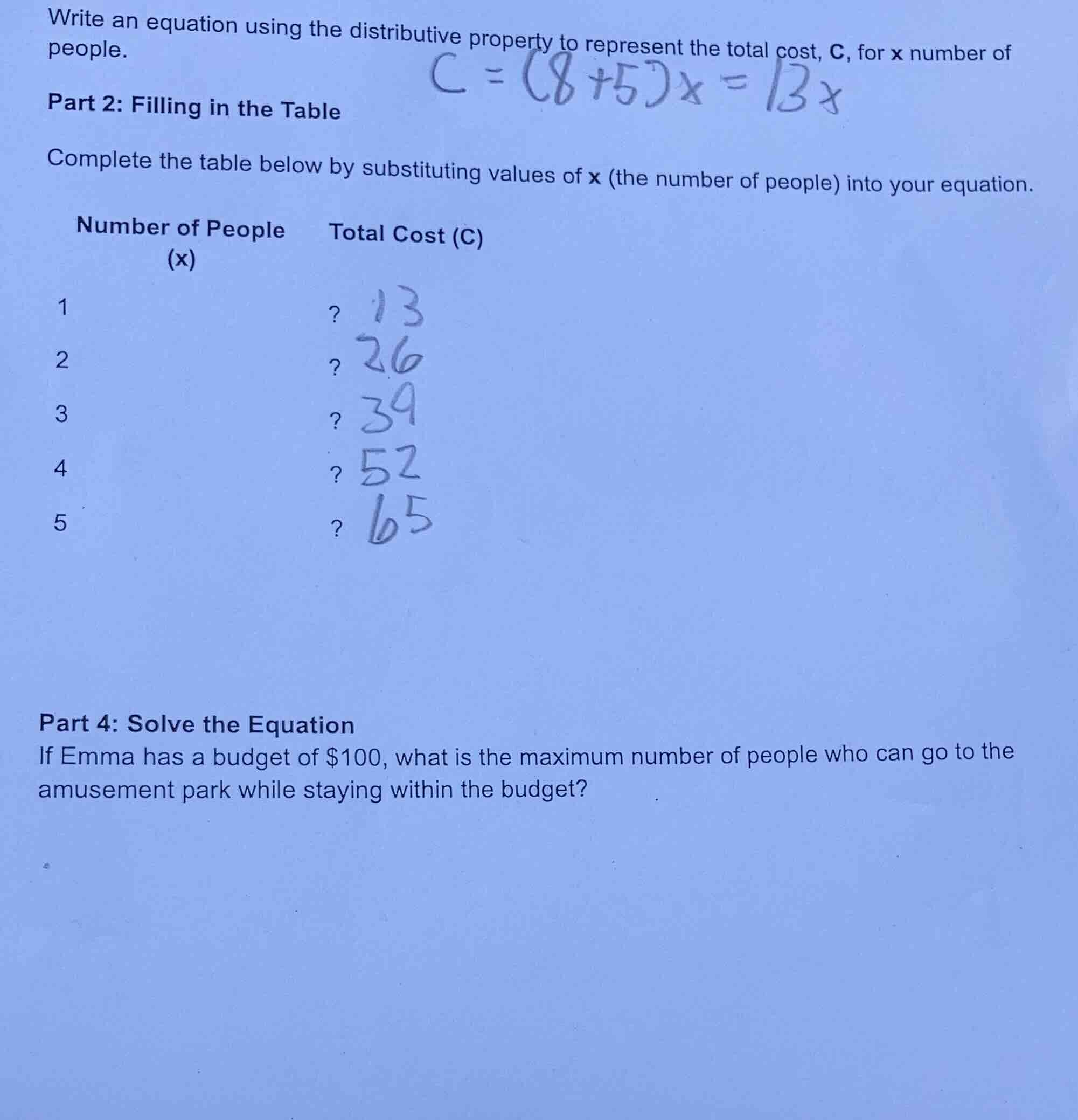 write an equation using the distributive property to represent the tota…