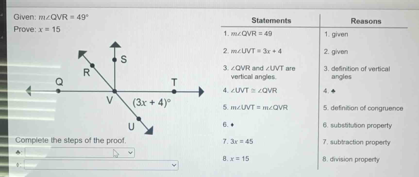 given: $m\\angle qvr = 49^\\circ$ prove: $x = 15$ complete the steps of…