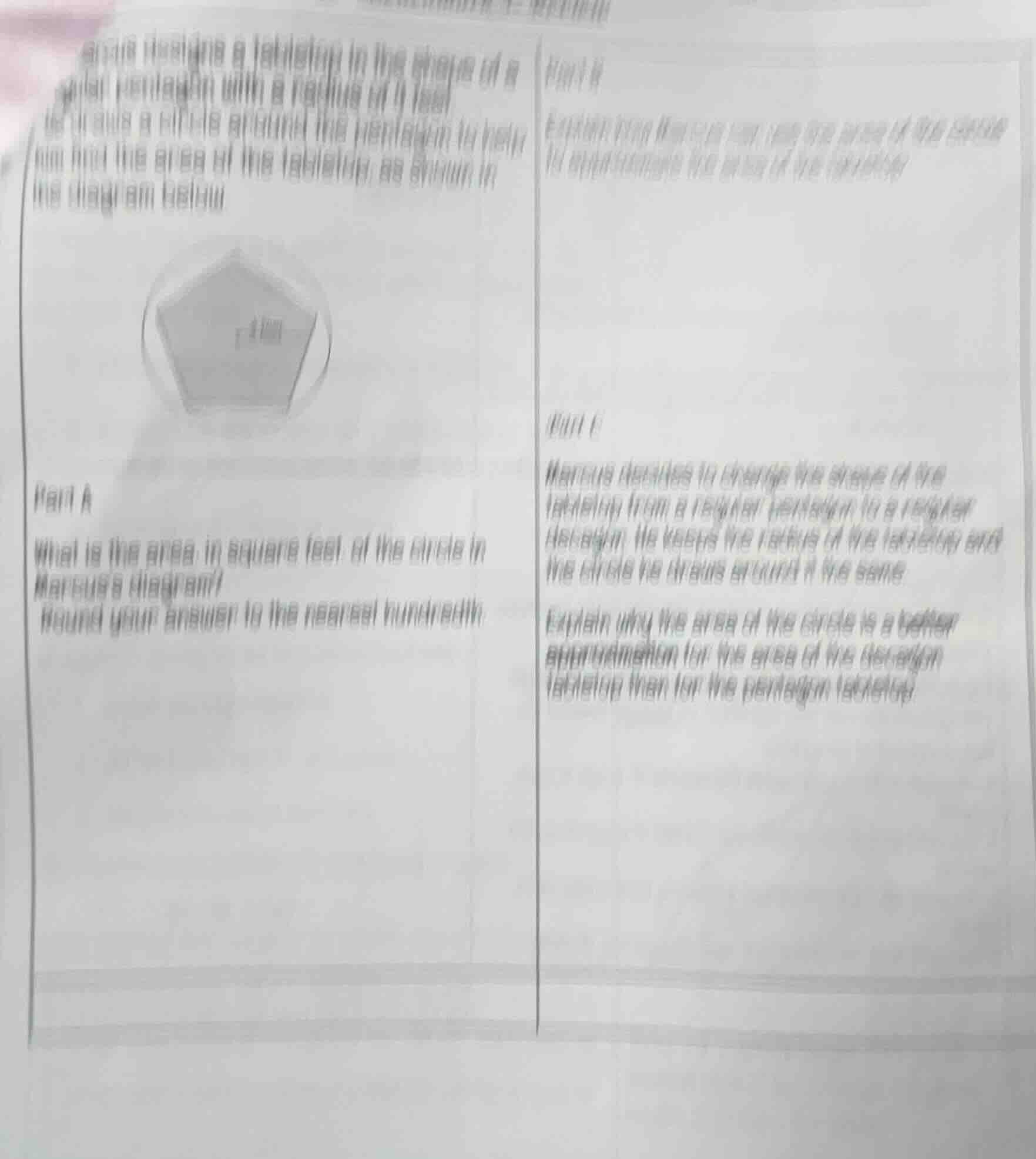 marcus designs a tabletop in the shape of a regular pentagon with a rad…