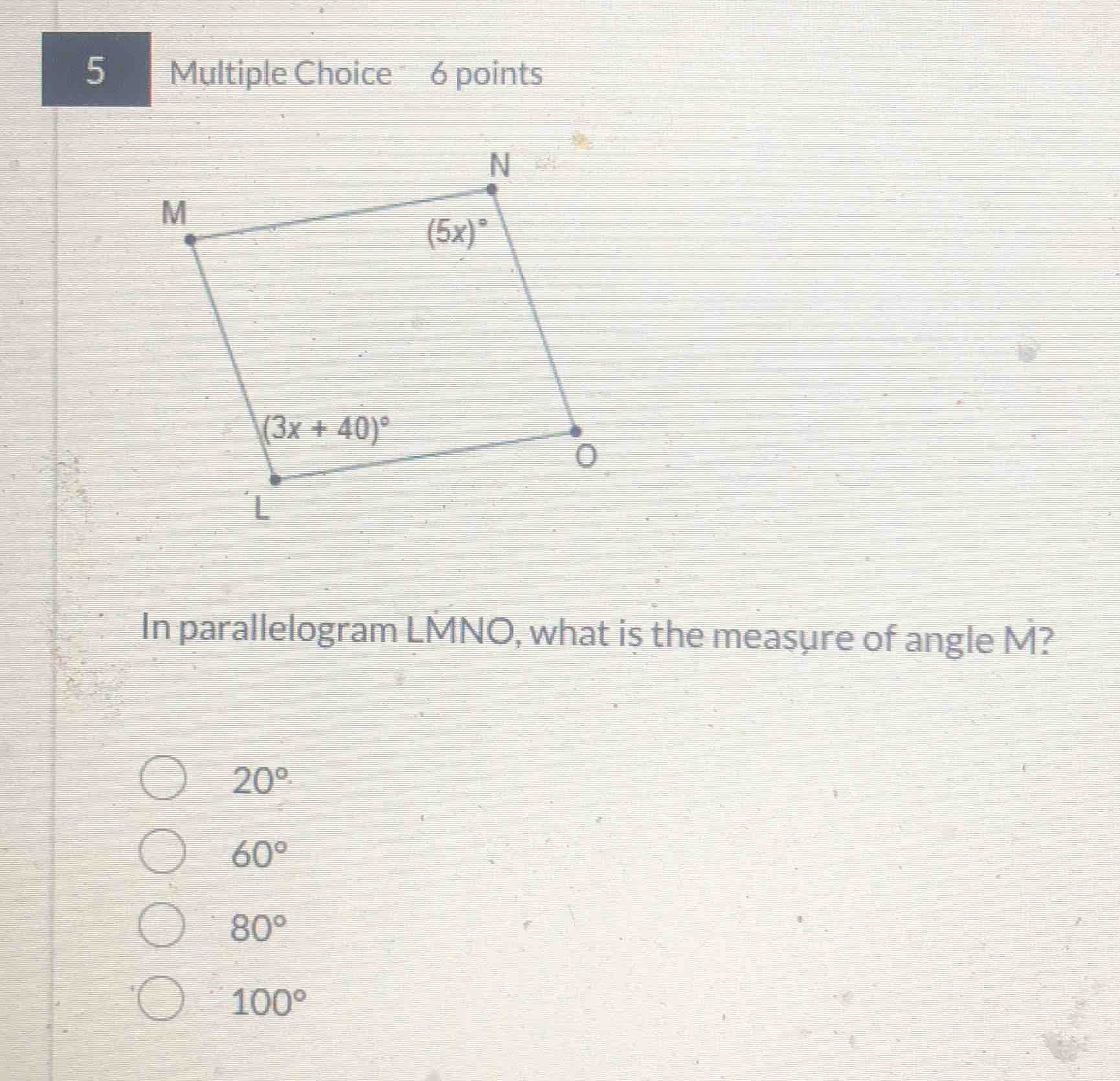 5 multiple choice 6 points in parallelogram lmno, what is the measure o…