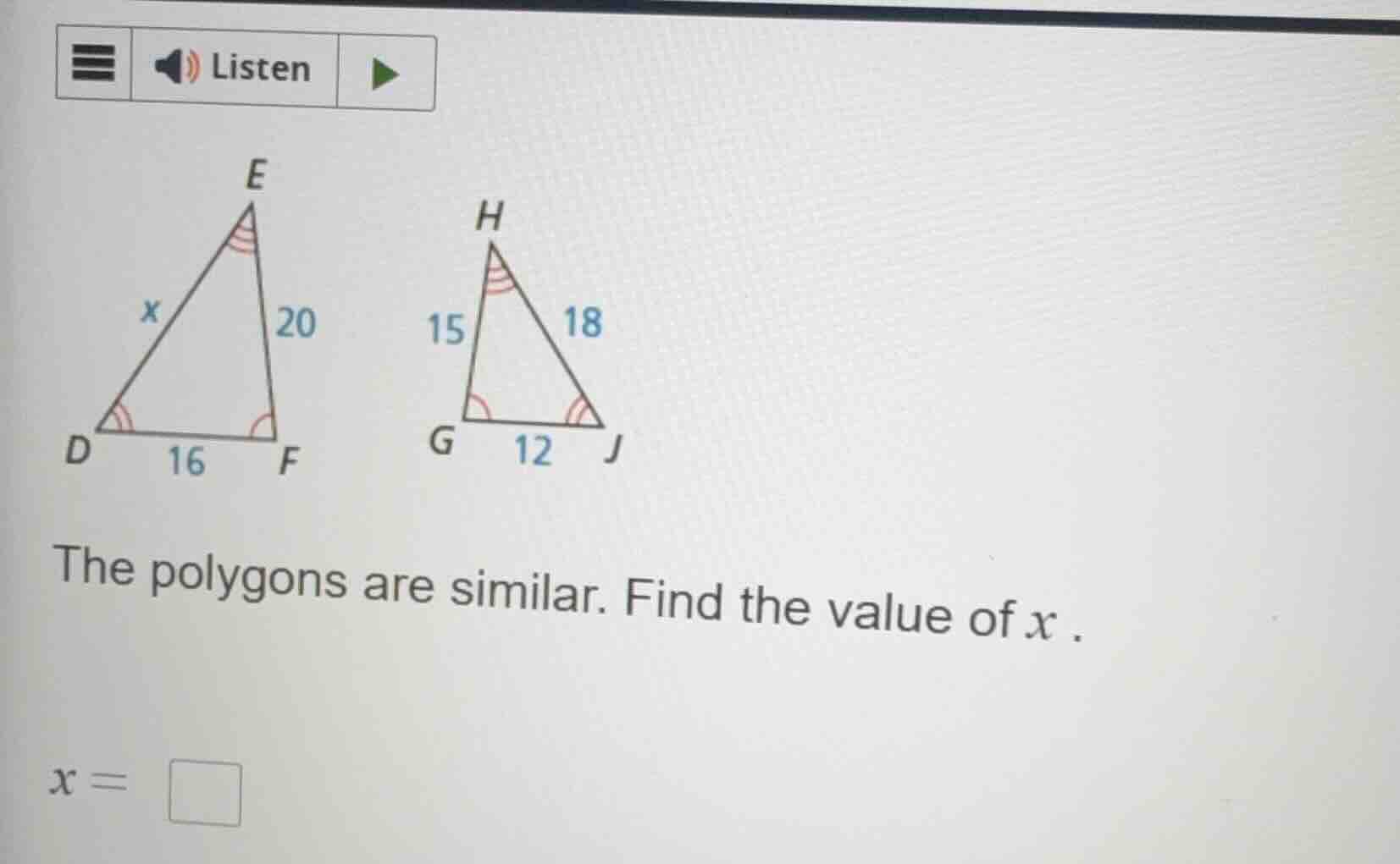 the polygons are similar. find the value of $x$. $x = \\square$
