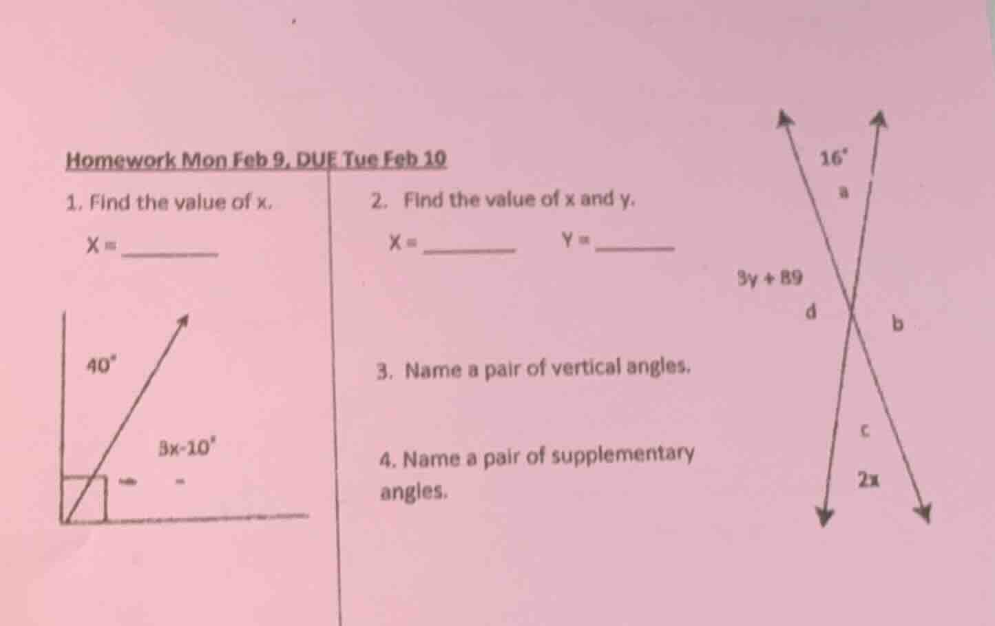 homework mon feb 9, due tue feb 10 1. find the value of x. x = ________…