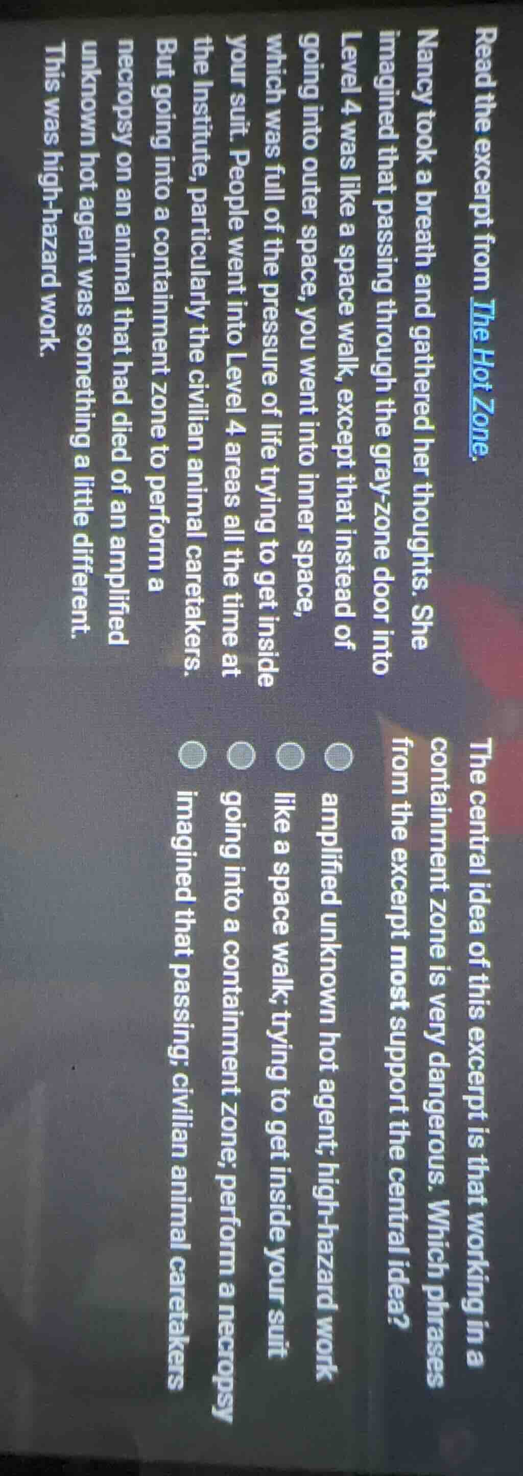 read the excerpt from the hot zone. nancy took a breath and gathered he…