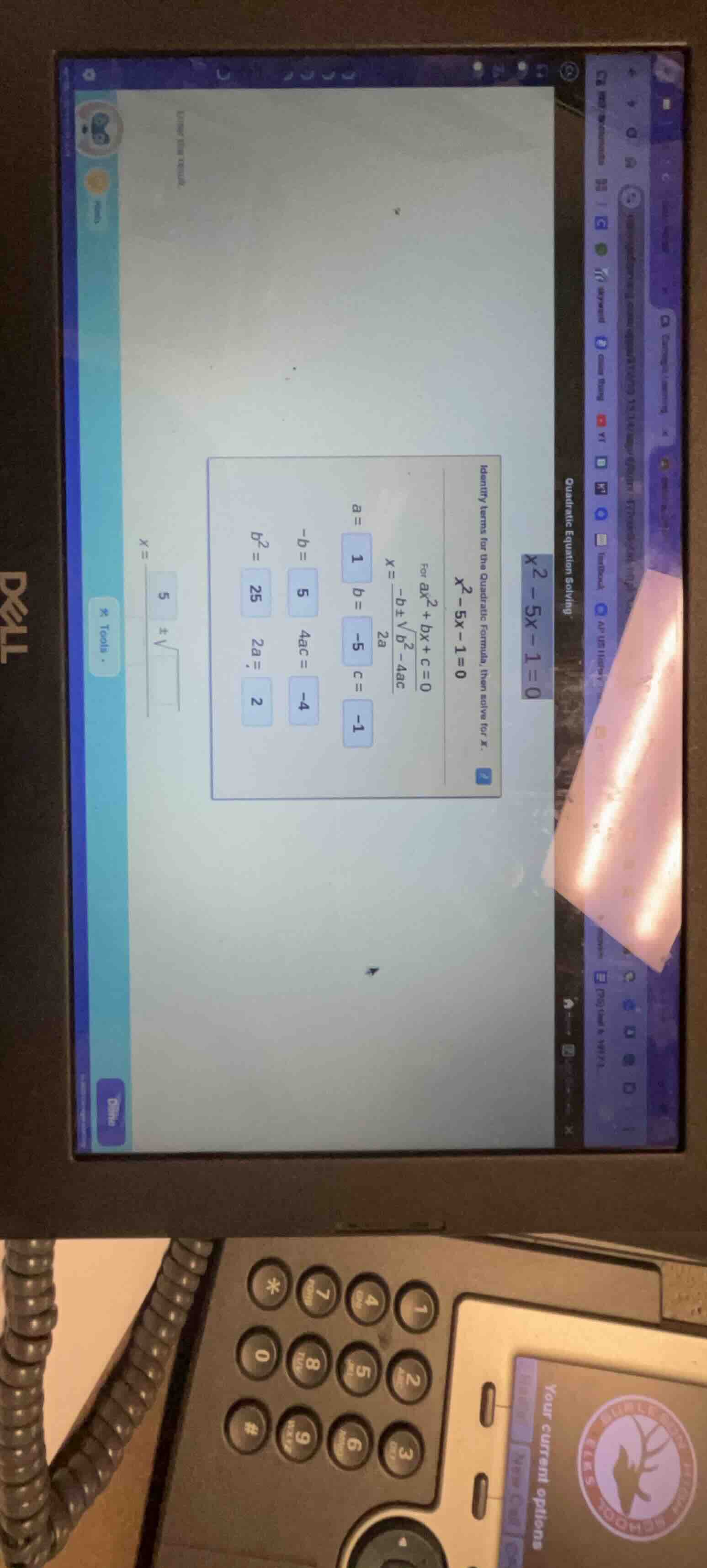 quadratic equation solving $x^2 - 5x - 1 = 0$ identify terms for the qu…