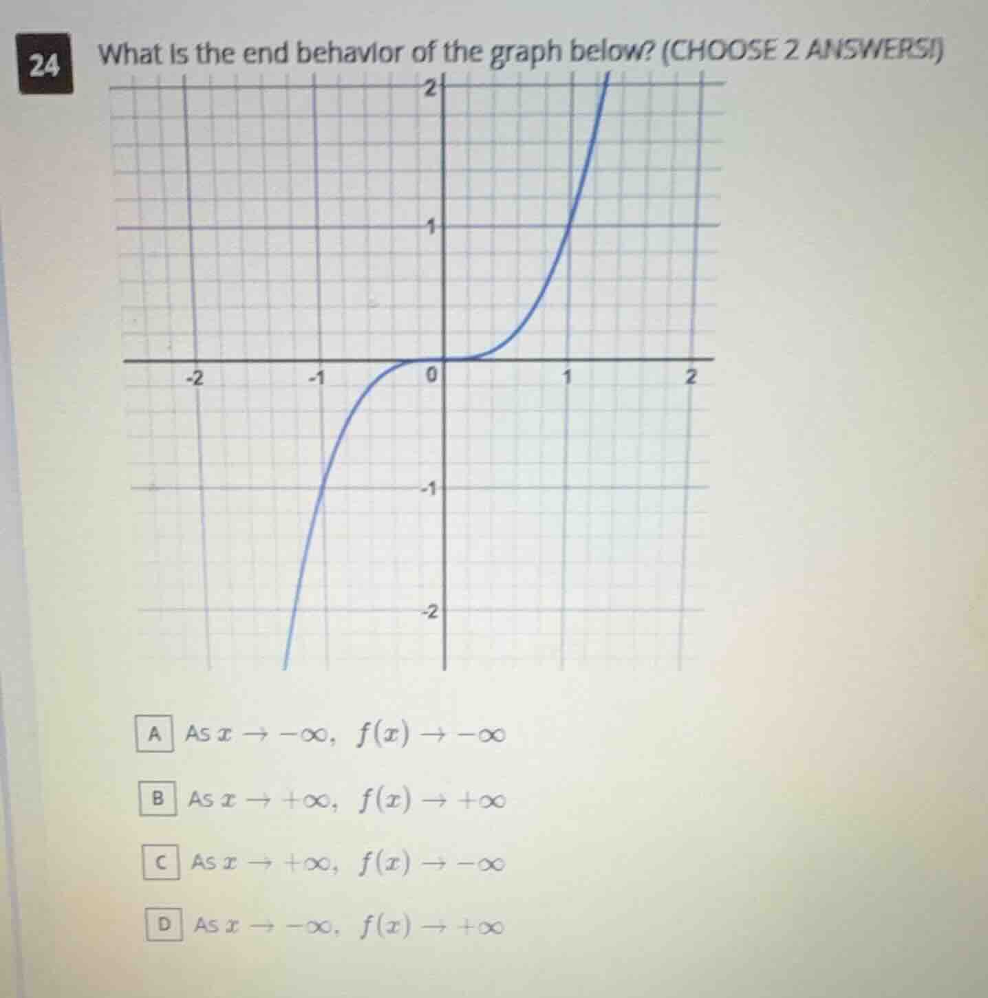 24 what is the end behavior of the graph below? (choose 2 answers!)a as…