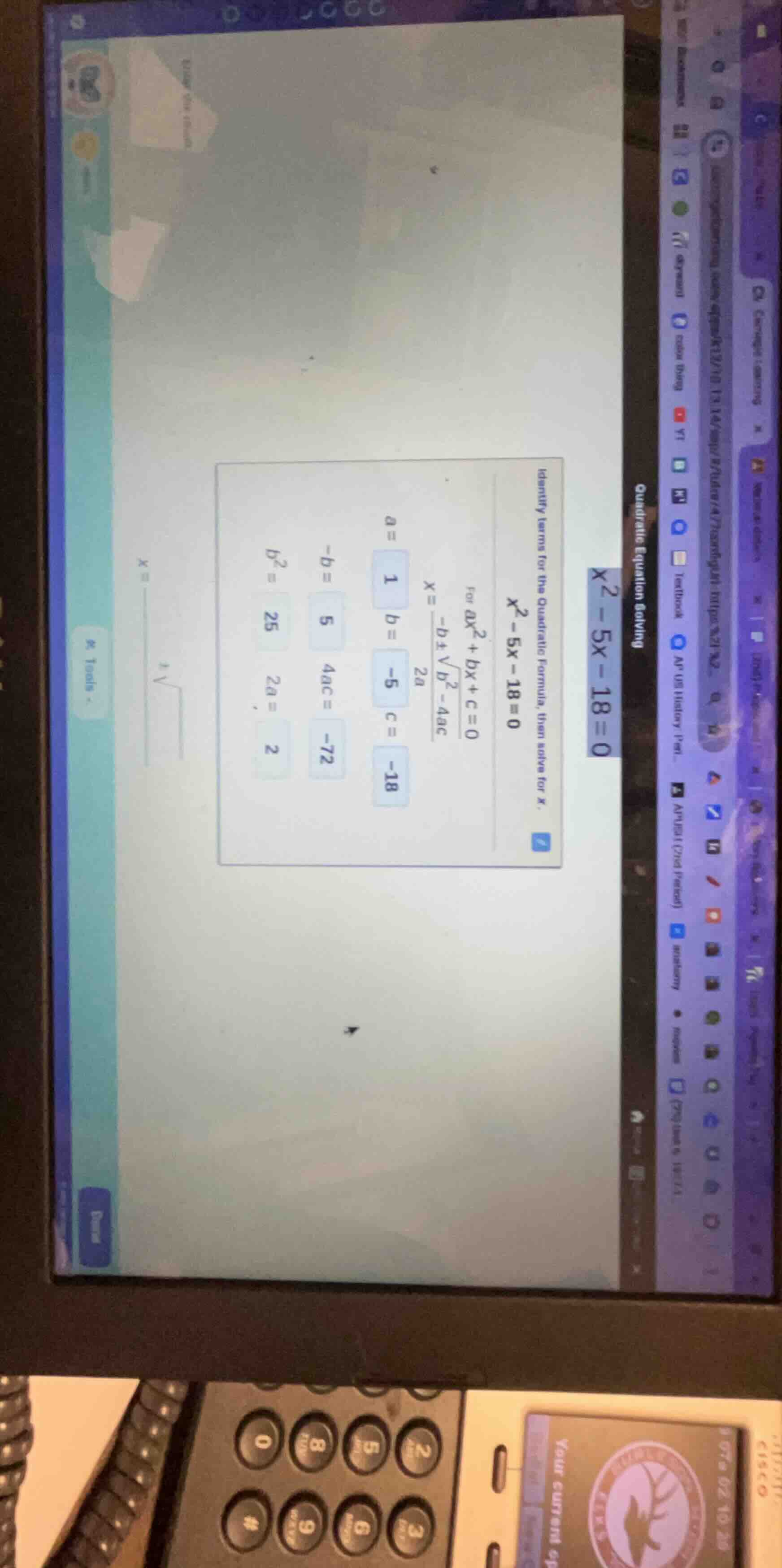 quadratic equation solving $x^2 - 5x - 18 = 0$ identify terms for the q…