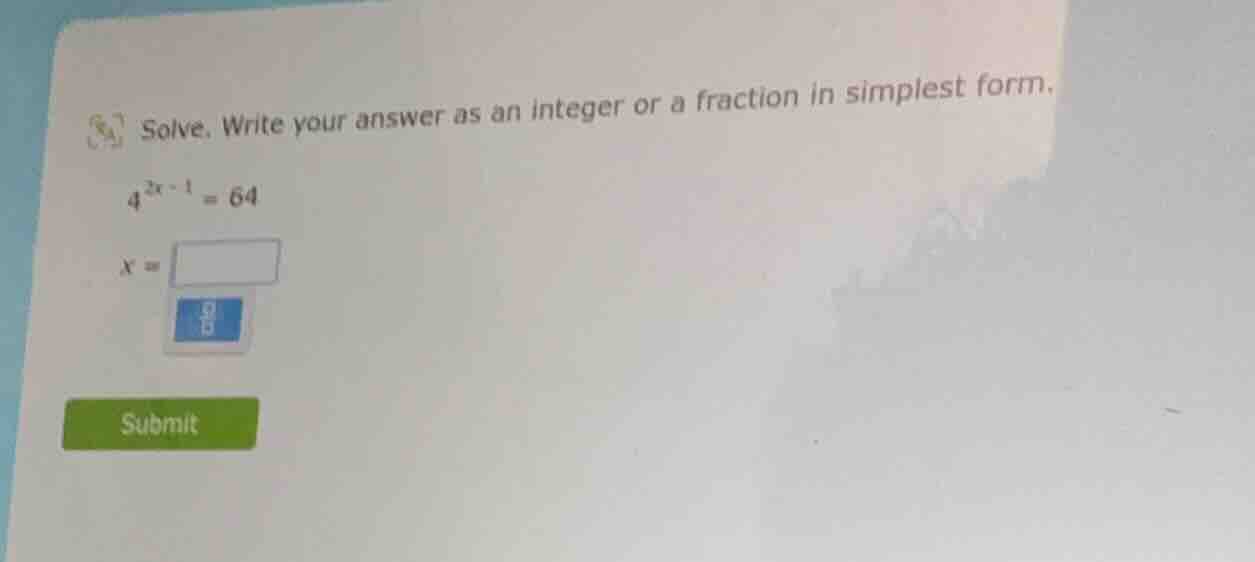 solve. write your answer as an integer or a fraction in simplest form. …