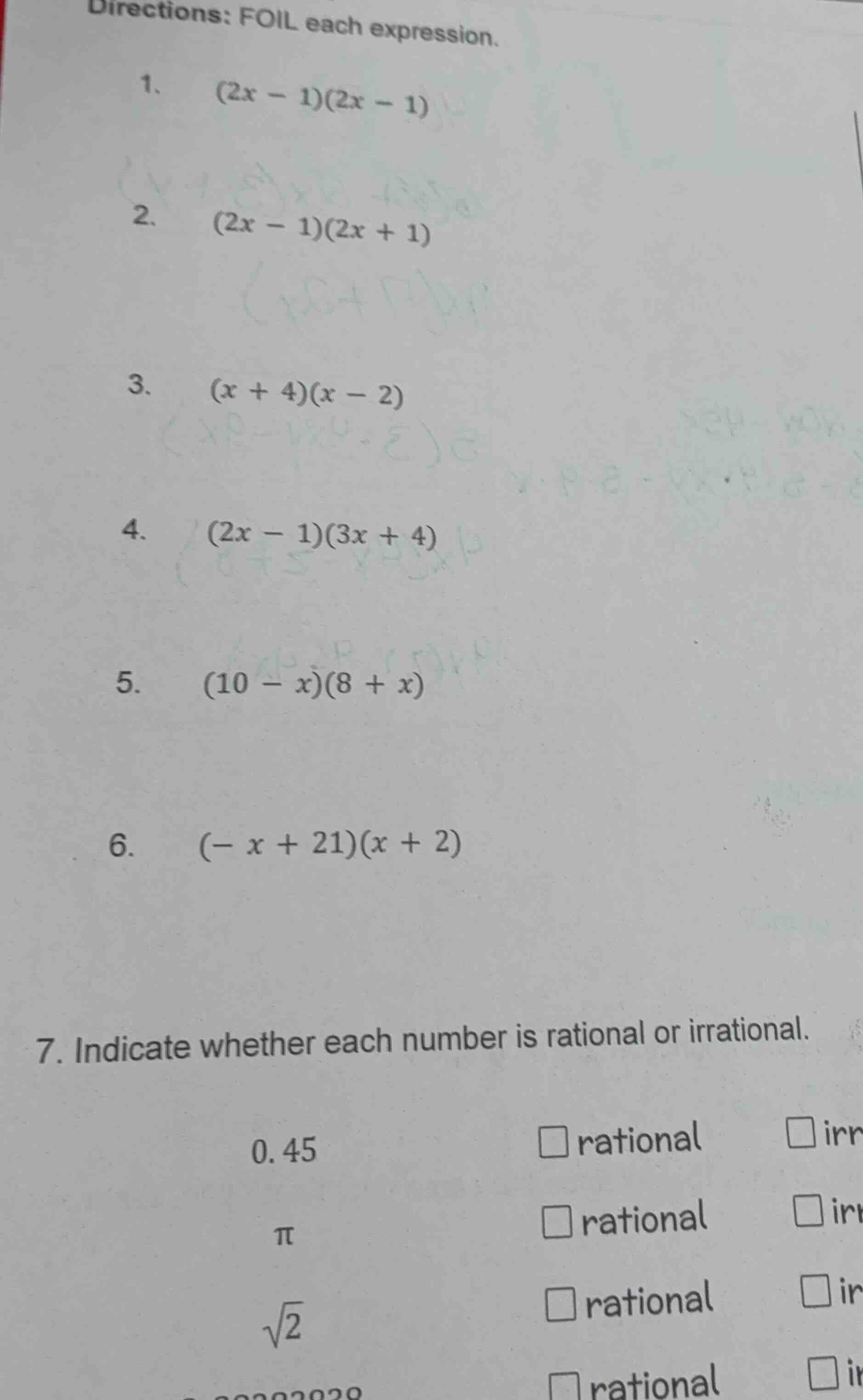 directions: foil each expression. 1. $(2x - 1)(2x - 1)$ 2. $(2x - 1)(2x…