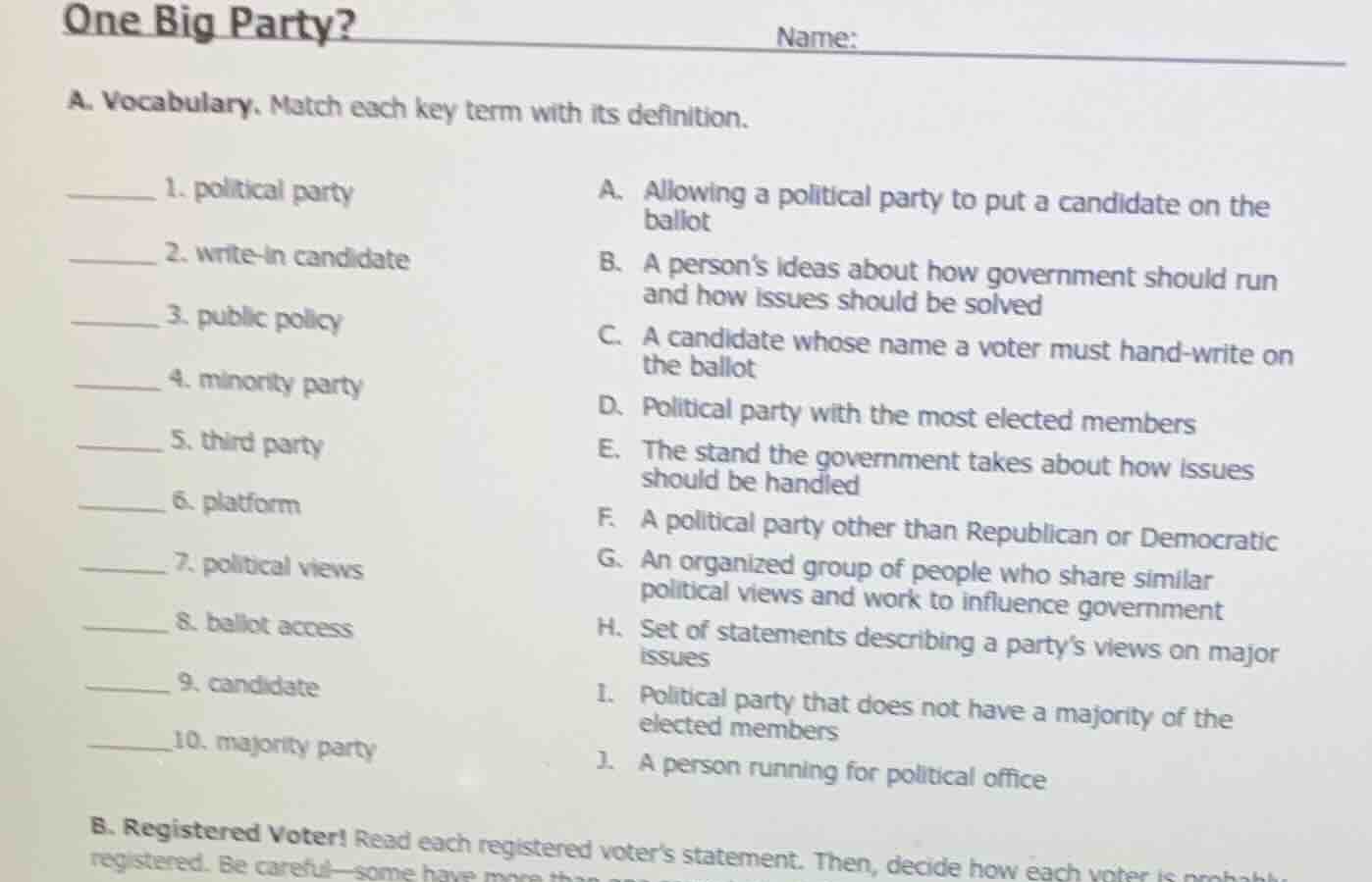 one big party? name: a. vocabulary. match each key term with its defini…