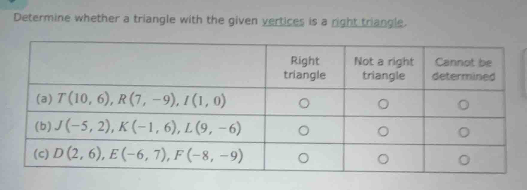 determine whether a triangle with the given vertices is a right triangl…