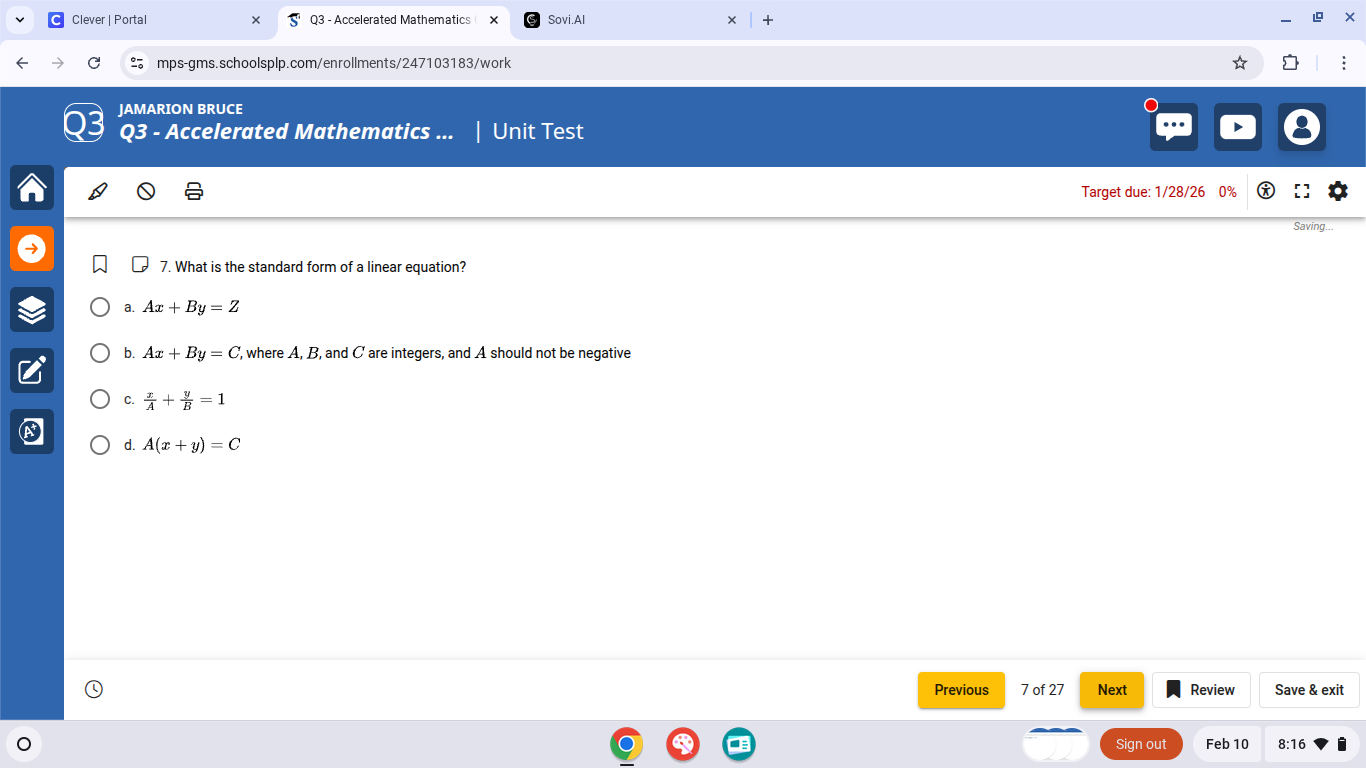 7. what is the standard form of a linear equation? a. $ax + by = z$ b. …