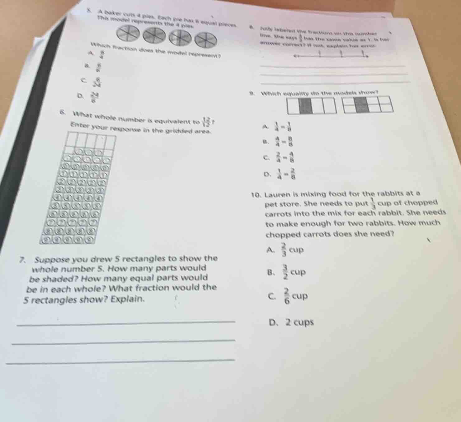5. a baker cuts 4 pies. each pie has 6 equal pieces. this model represe…