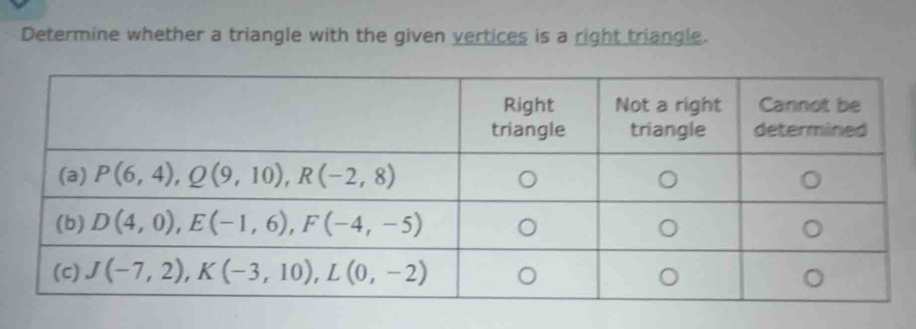 determine whether a triangle with the given vertices is a right triangl…