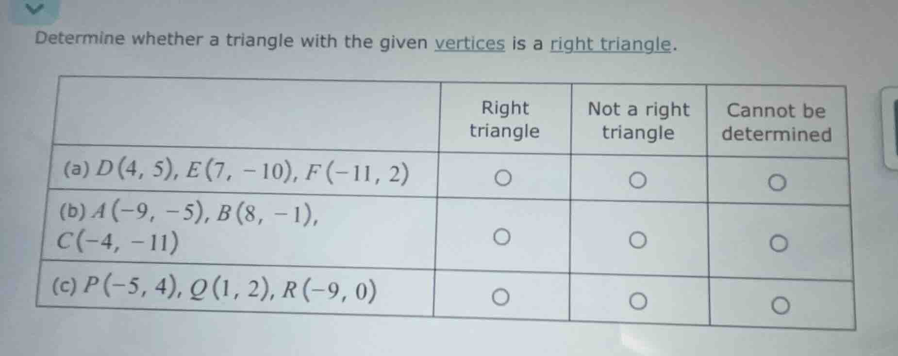determine whether a triangle with the given vertices is a right triangl…