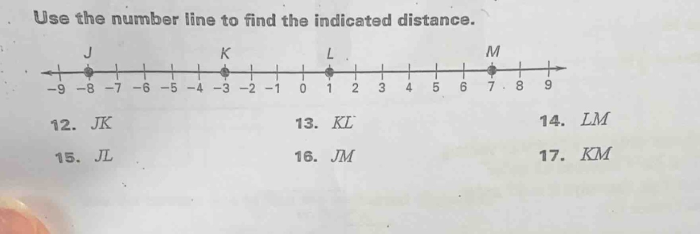 use the number line to find the indicated distance. 12. jk 13. kl 14. l…