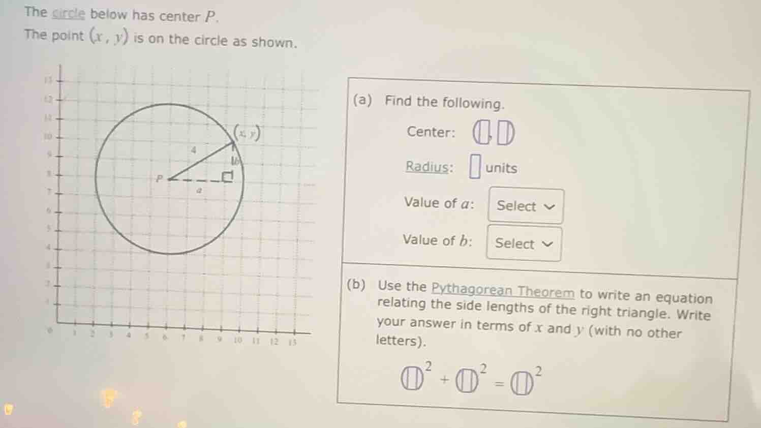 the circle below has center p. the point $(x, y)$ is on the circle as s…