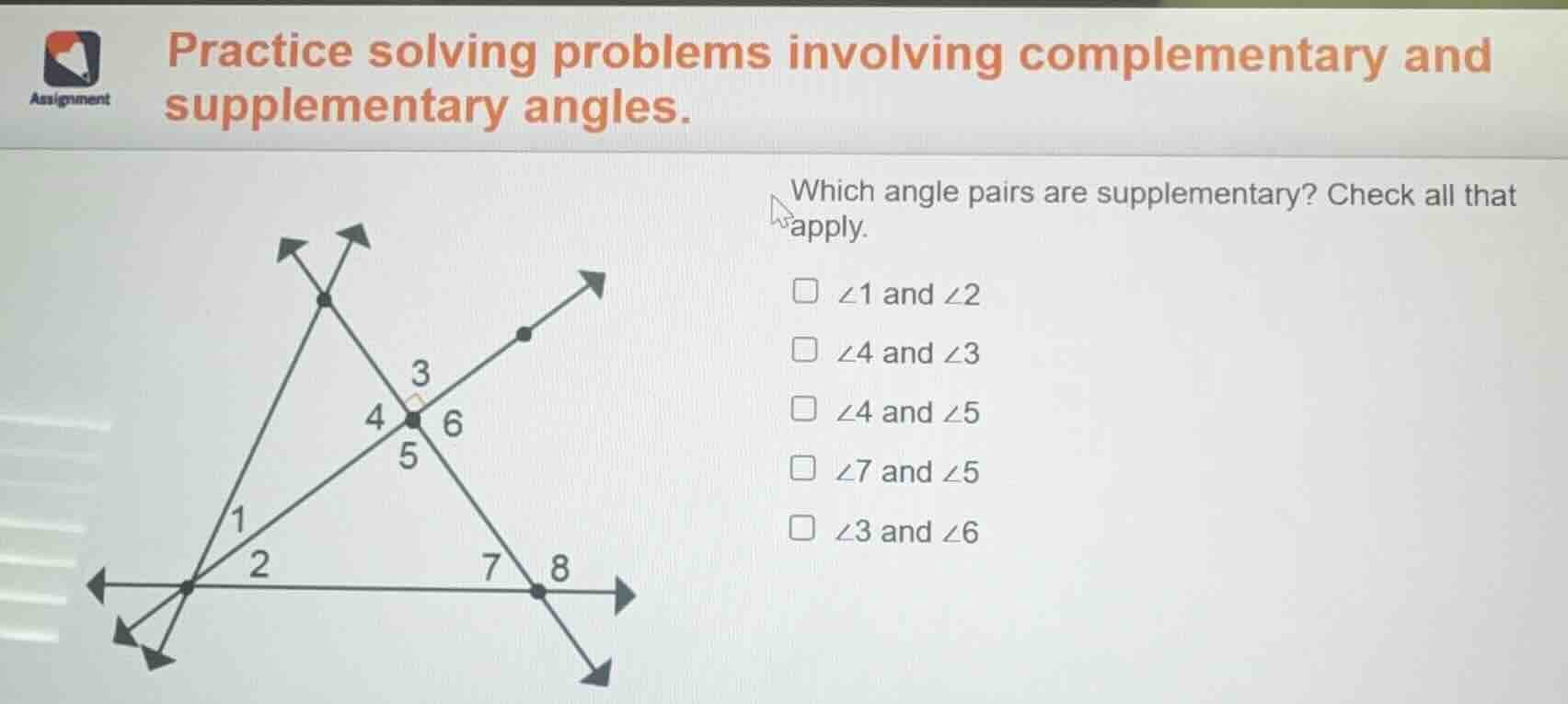 practice solving problems involving complementary and supplementary ang…