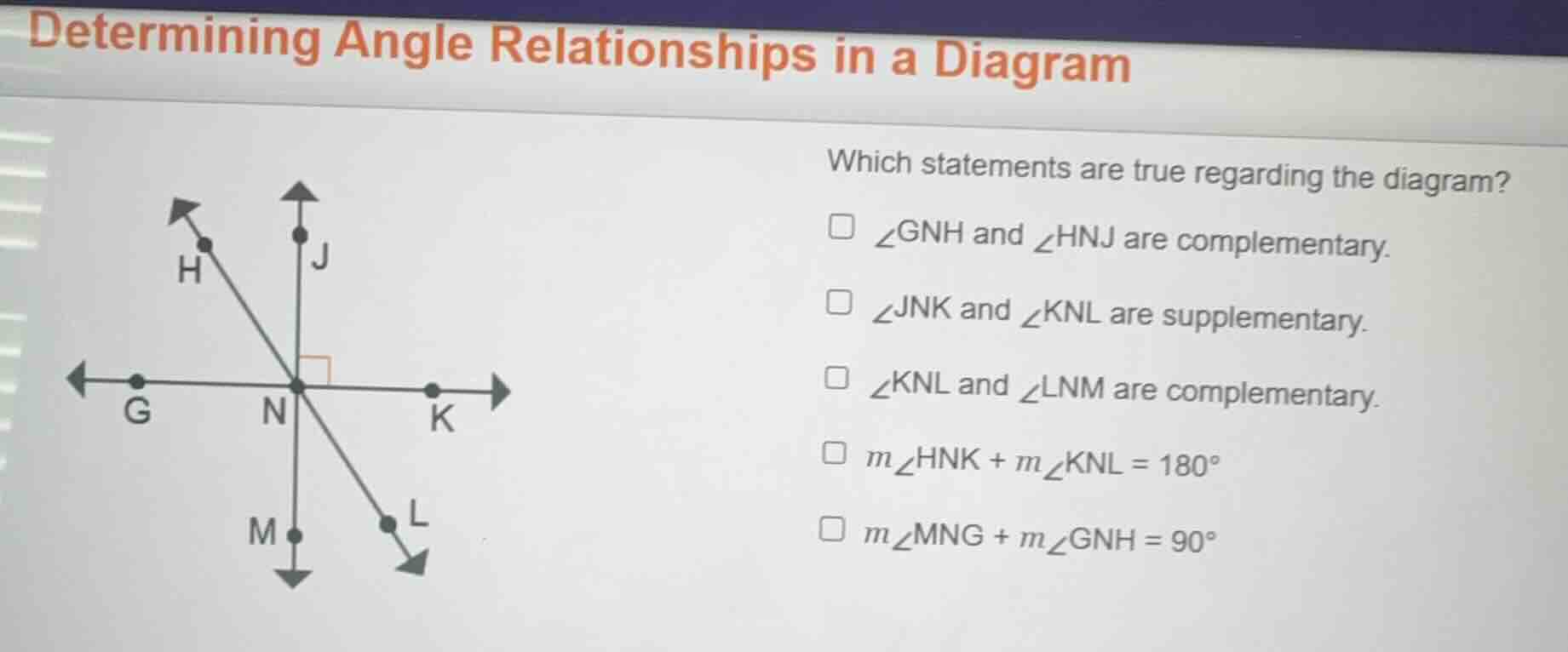 determining angle relationships in a diagram which statements are true …