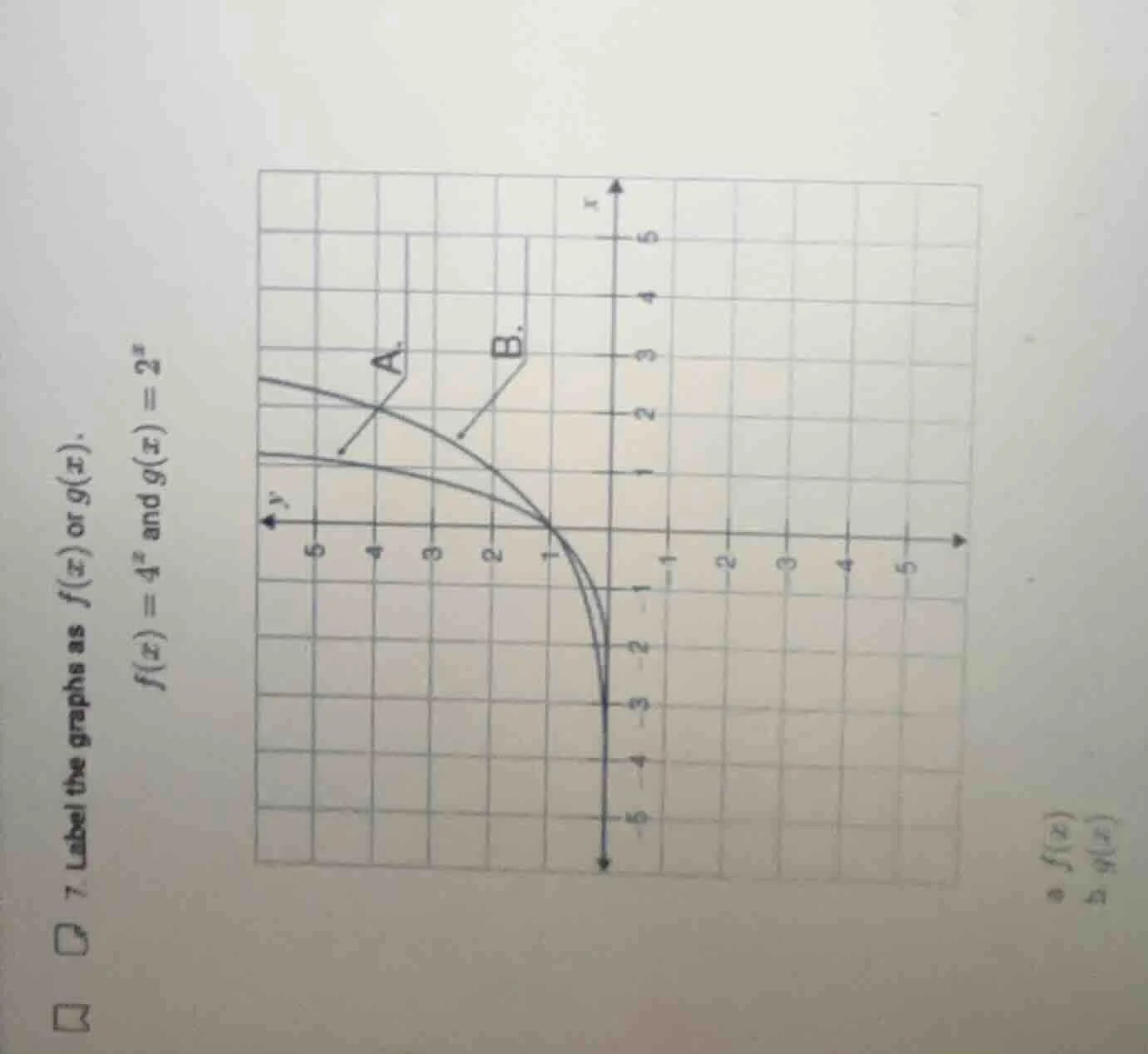 7. label the graphs as $f(x)$ or $g(x)$. $f(x)=4^{x}$ and $g(x)=2^{x}$ …
